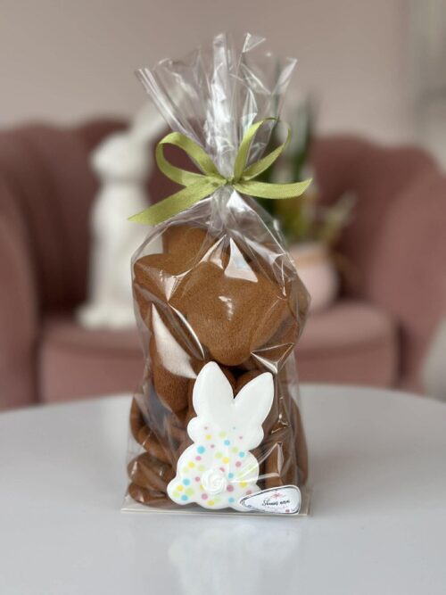 Neglazūruotų Velykinių meduoliukų maišelis su vienu zuikučiu